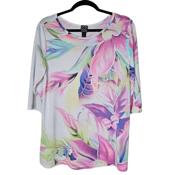 Clara Sun Woo Small Pastel Floral Artsy Art To Wear 3/4 Sleeve Top Blouse Mesh - Picture 1 of 6